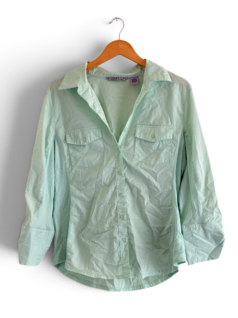 Larry Levine | Signature green roll sleeves cotton light button up shirt size Xl